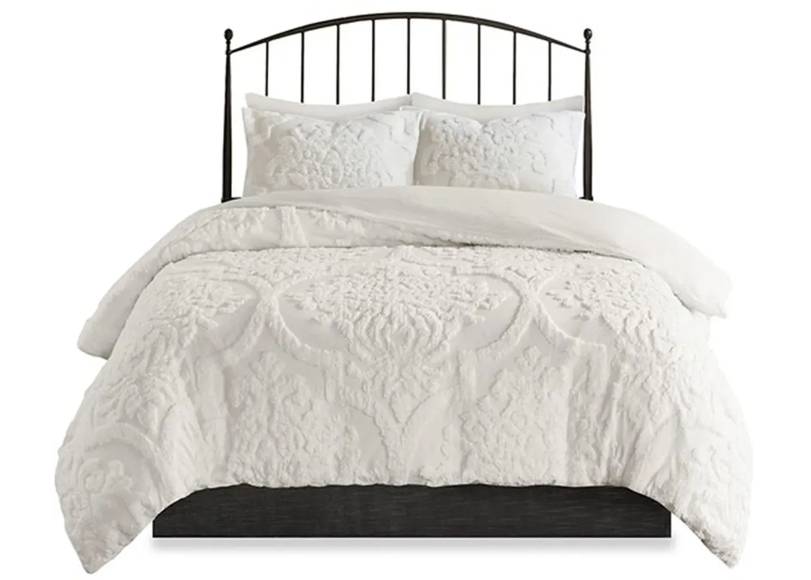 Olliix by Madison Park White Full/Queen Viola 3 Piece Tufted Cotton Chenille Damask Duvet Cover Set