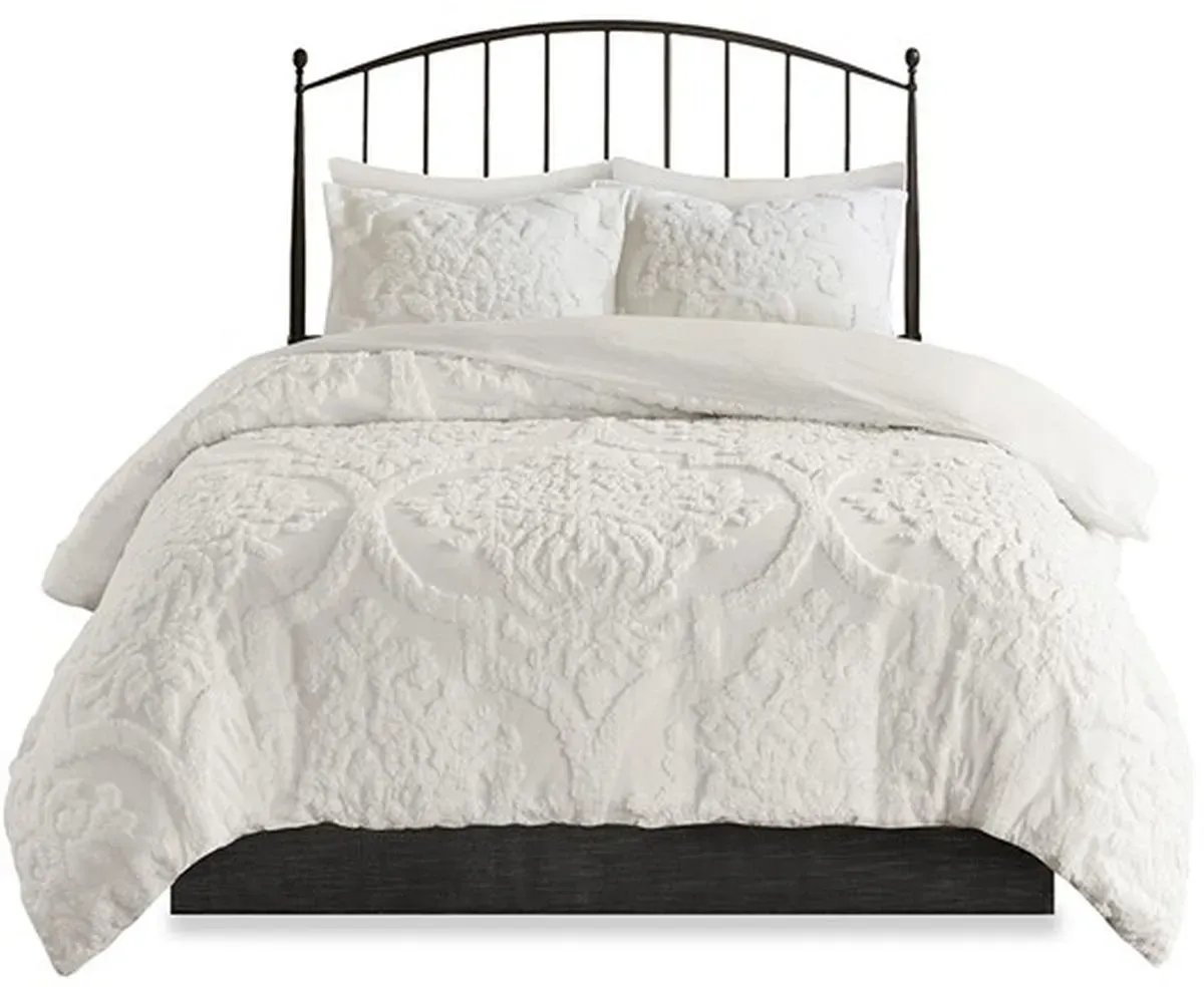 Olliix by Madison Park White Full/Queen Viola 3 Piece Tufted Cotton Chenille Damask Duvet Cover Set