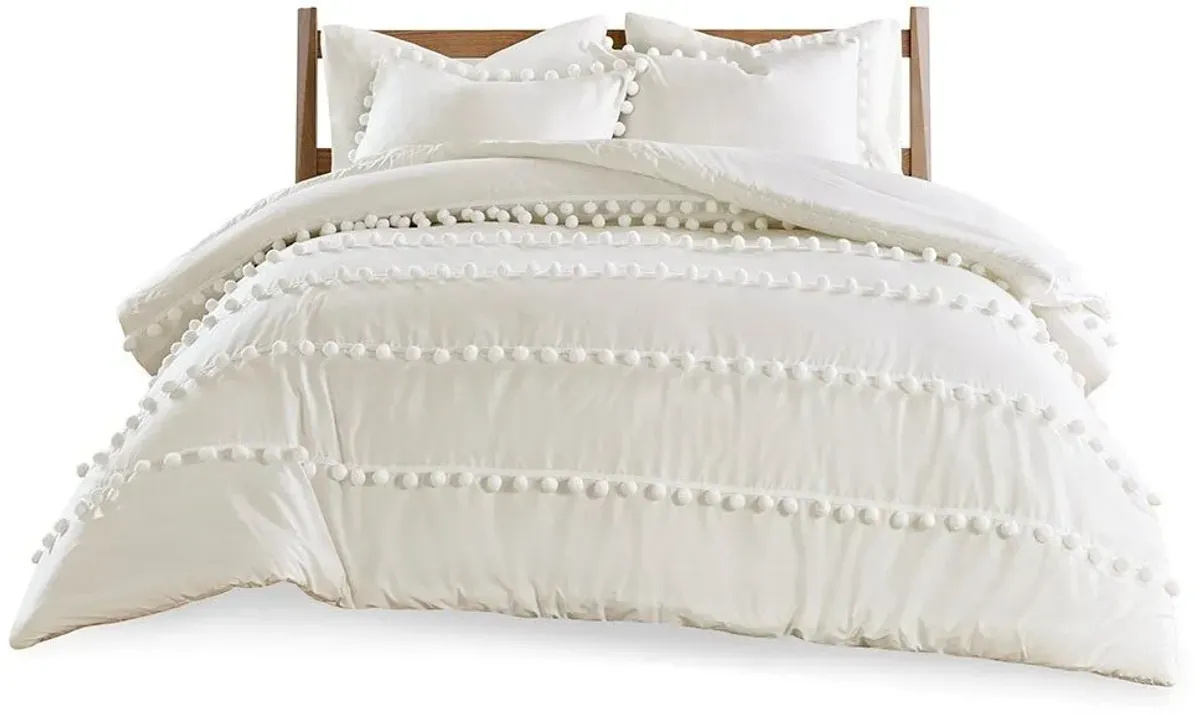 Olliix by Madison Park 3 Piece Ivory Full/Queen Leona Pom Pom Cotton Duvet Cover Set