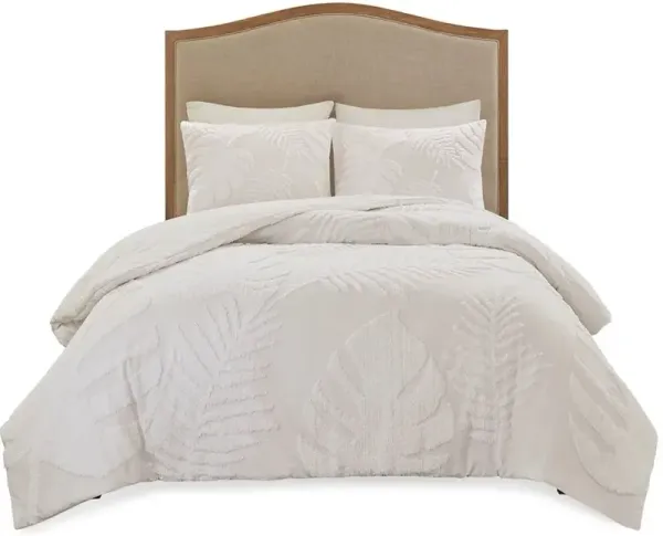 Olliix by Madison Park 3 Piece White Full/Queen Bahari Tufted Cotton Chenille Palm Duvet Cover Set