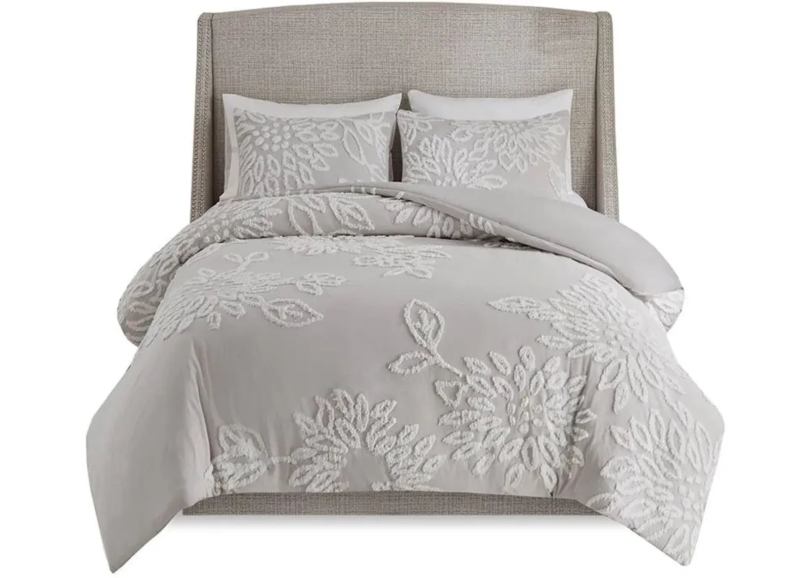 Olliix by Madison Park 3 Piece Grey/White Full/Queen Veronica Tufted Cotton Chenille Floral Duvet Cover Set