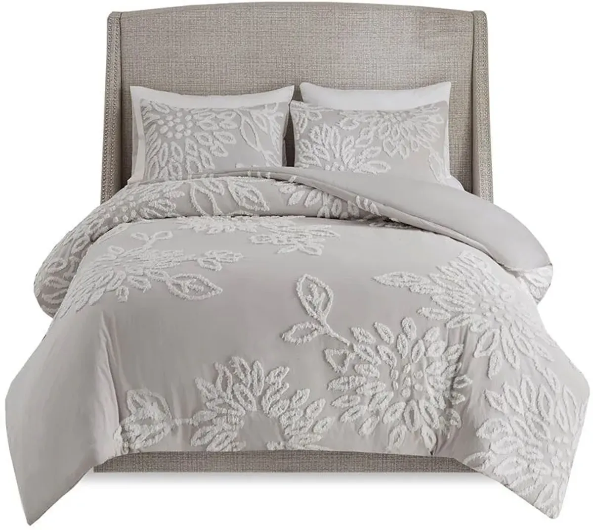 Olliix by Madison Park 3 Piece Grey/White Full/Queen Veronica Tufted Cotton Chenille Floral Duvet Cover Set