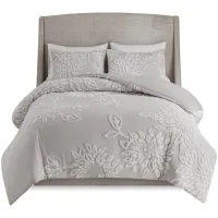 Olliix by Madison Park 3 Piece Grey/White King/California King Veronica Tufted Cotton Chenille Floral Duvet Cover Set