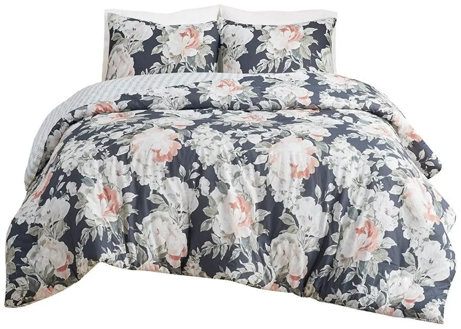 Olliix by Madison Park 3 Piece Dark Blue Full/Queen Mavis Cotton Printed Reversible Duvet Cover Set