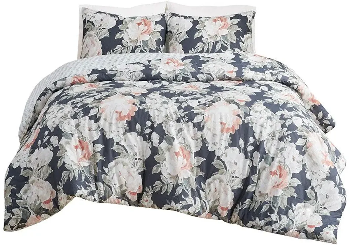 Olliix by Madison Park 3 Piece Dark Blue Full/Queen Mavis Cotton Printed Reversible Duvet Cover Set