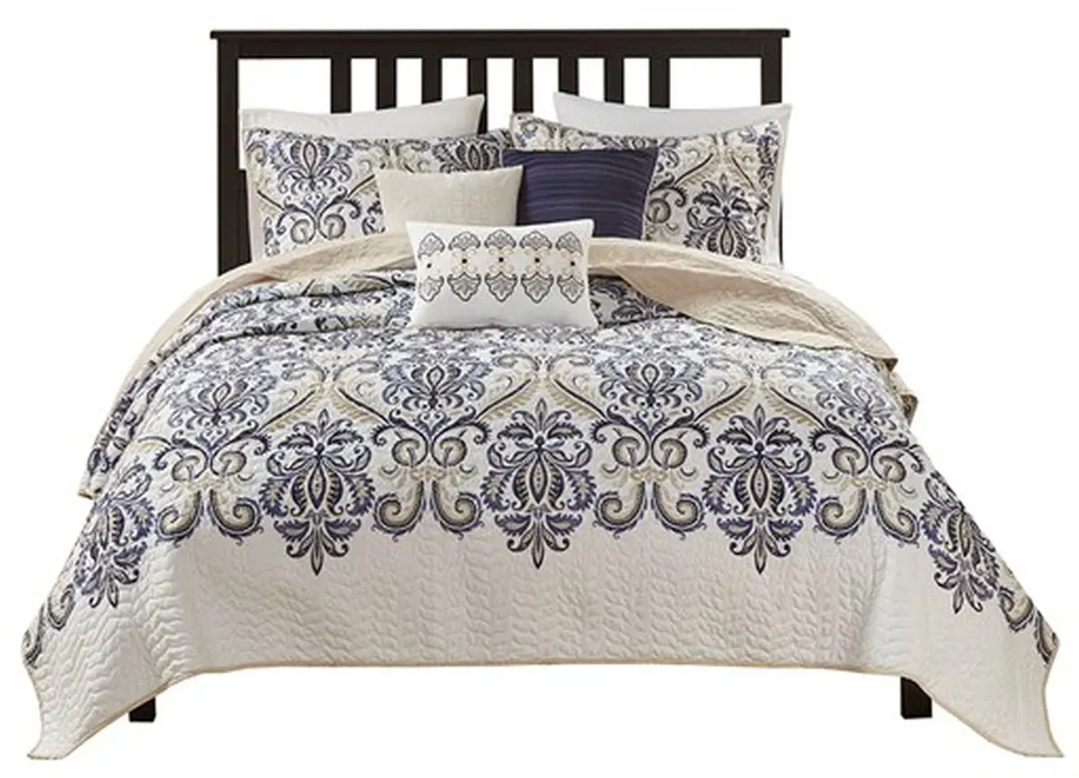 Olliix by Madison Park Blue Full/Queen Cali 6 Piece Reversible Coverlet Set