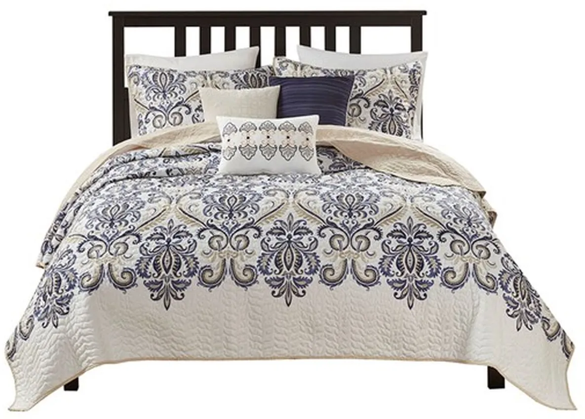Olliix by Madison Park Blue Full/Queen Cali 6 Piece Reversible Coverlet Set