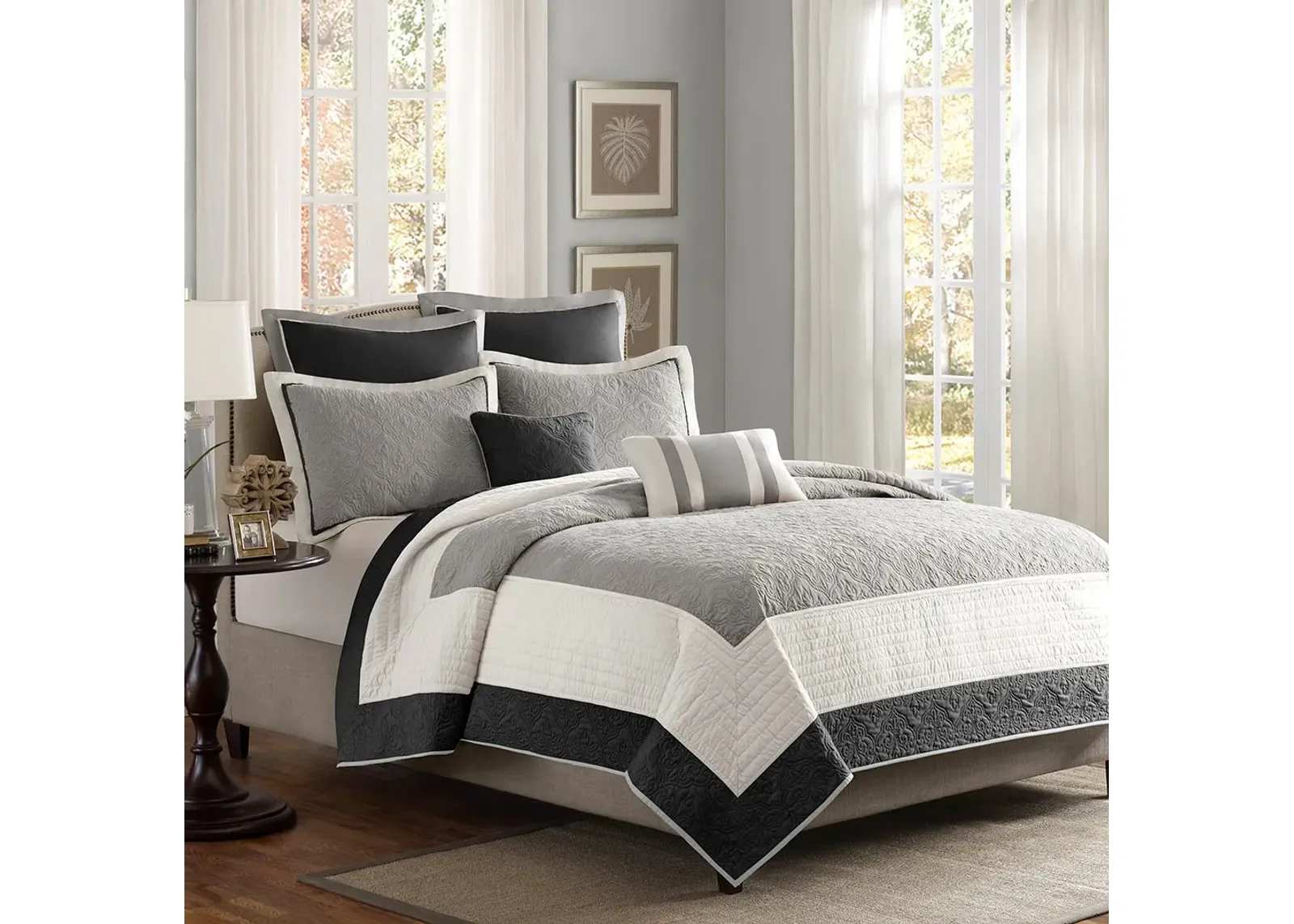 Olliix by Madison Park 7 Piece Black Full/Queen Attingham Reversible Coverlet Set