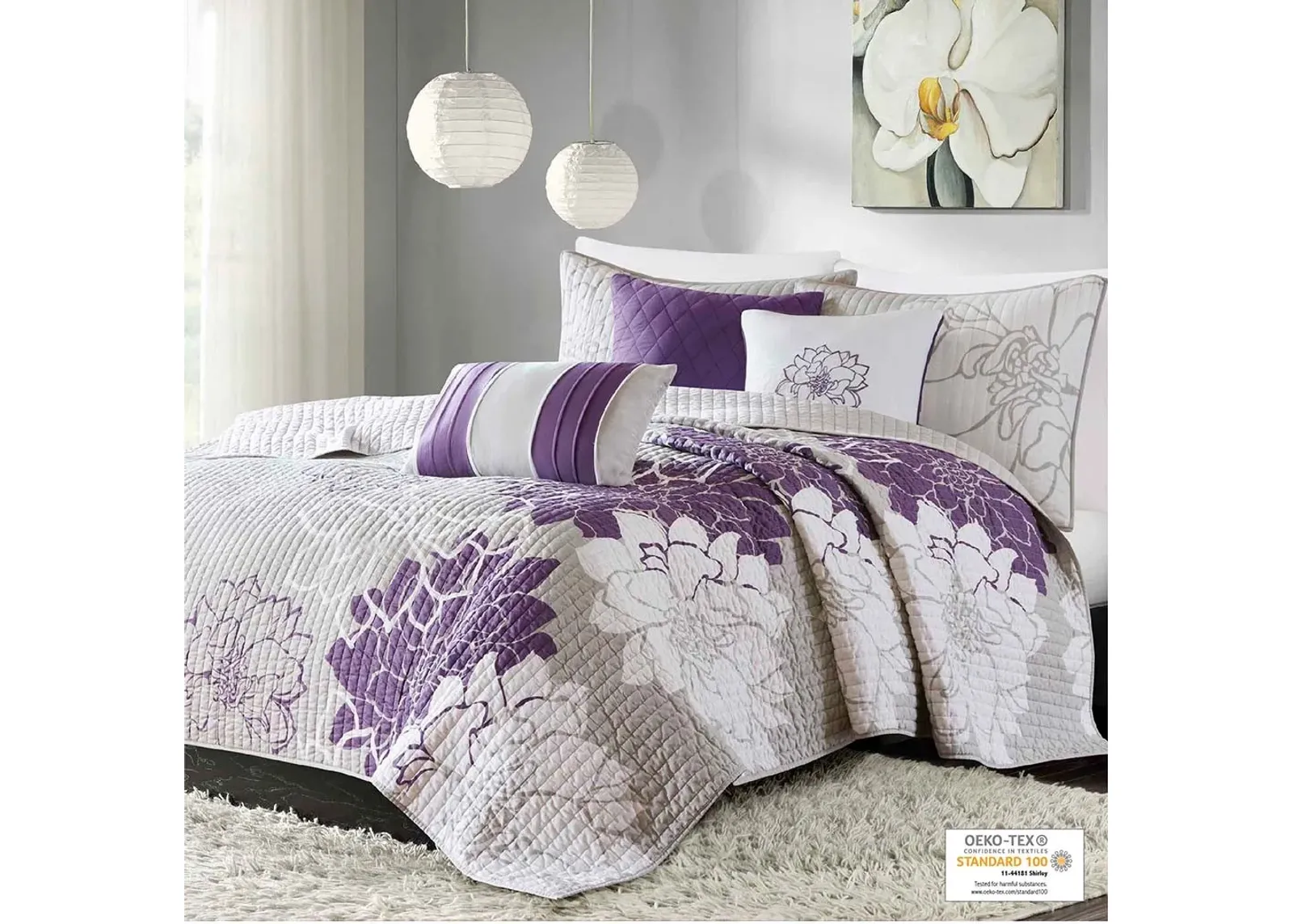 Olliix by Madison Park 6 Piece Purple Full/Queen Lola Reversible Cotton Printed Coverlet Set