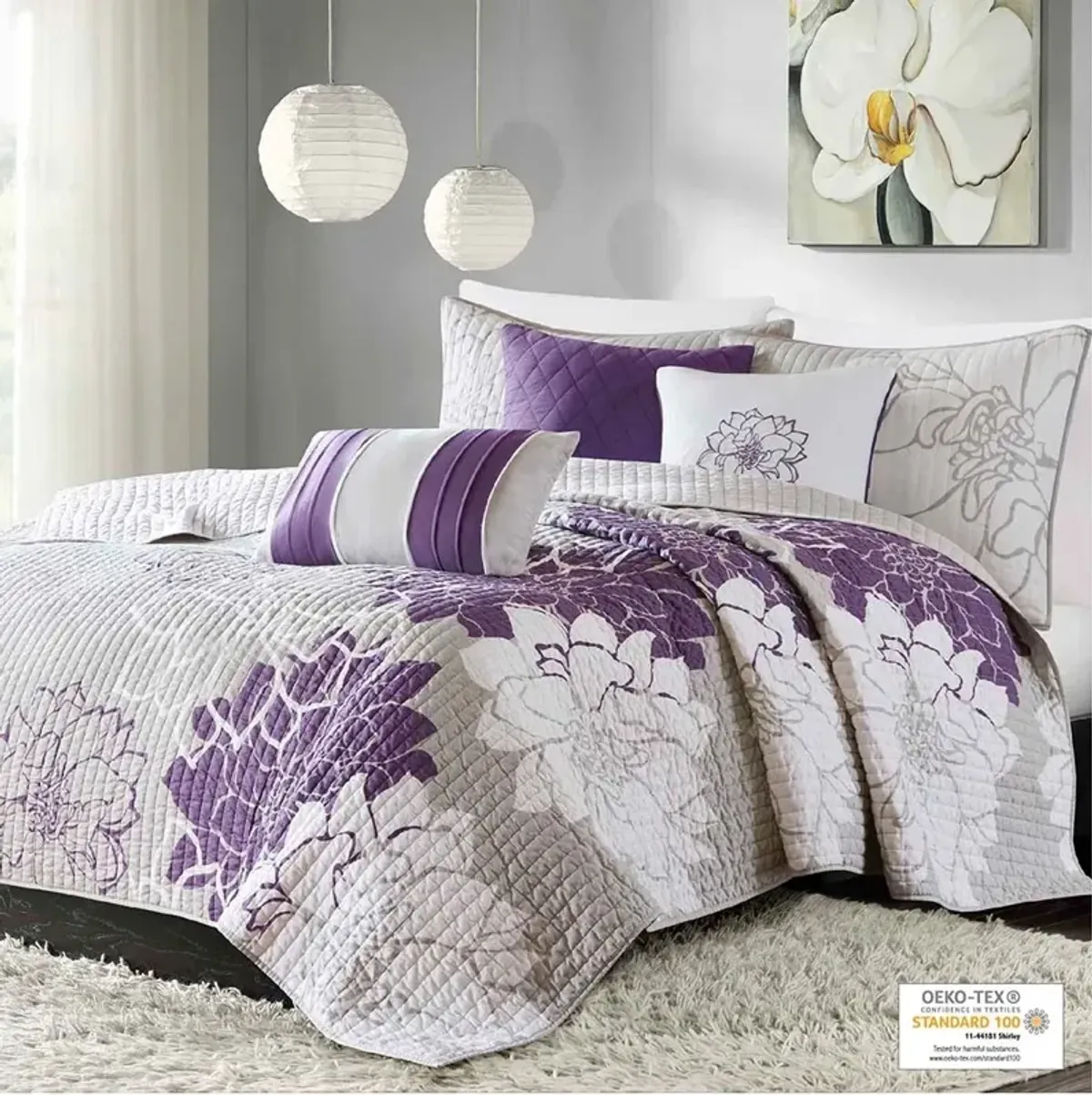 Olliix by Madison Park 6 Piece Purple King/California King Lola Reversible Cotton Printed Coverlet Set