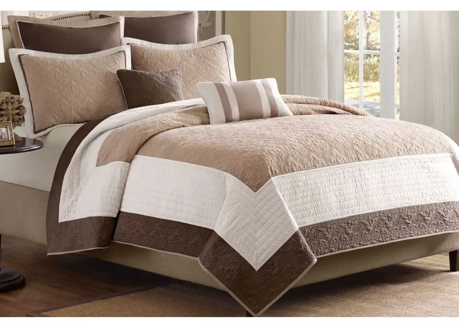 Olliix by Madison Park 7 Piece Beige Full/Queen Attingham Reversible Coverlet Set