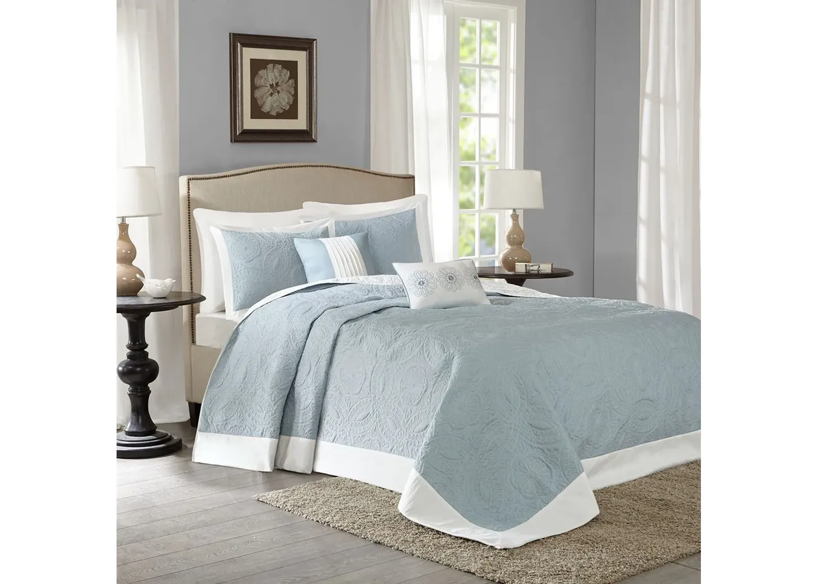 Olliix by Madison Park 5 Piece Blue Queen Ashbury Reversible Bedspread Set