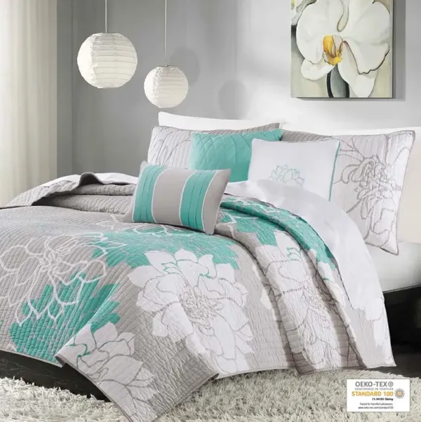 Olliix by Madison Park 6 Piece Aqua Full/Queen Lola Reversible Cotton Printed Coverlet Set