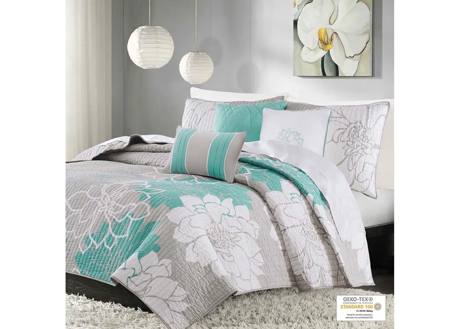 Olliix by Madison Park 6 Piece Aqua Full/Queen Lola Reversible Cotton Printed Coverlet Set