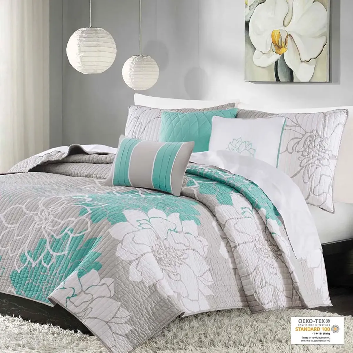 Olliix by Madison Park 6 Piece Aqua Full/Queen Lola Reversible Cotton Printed Coverlet Set