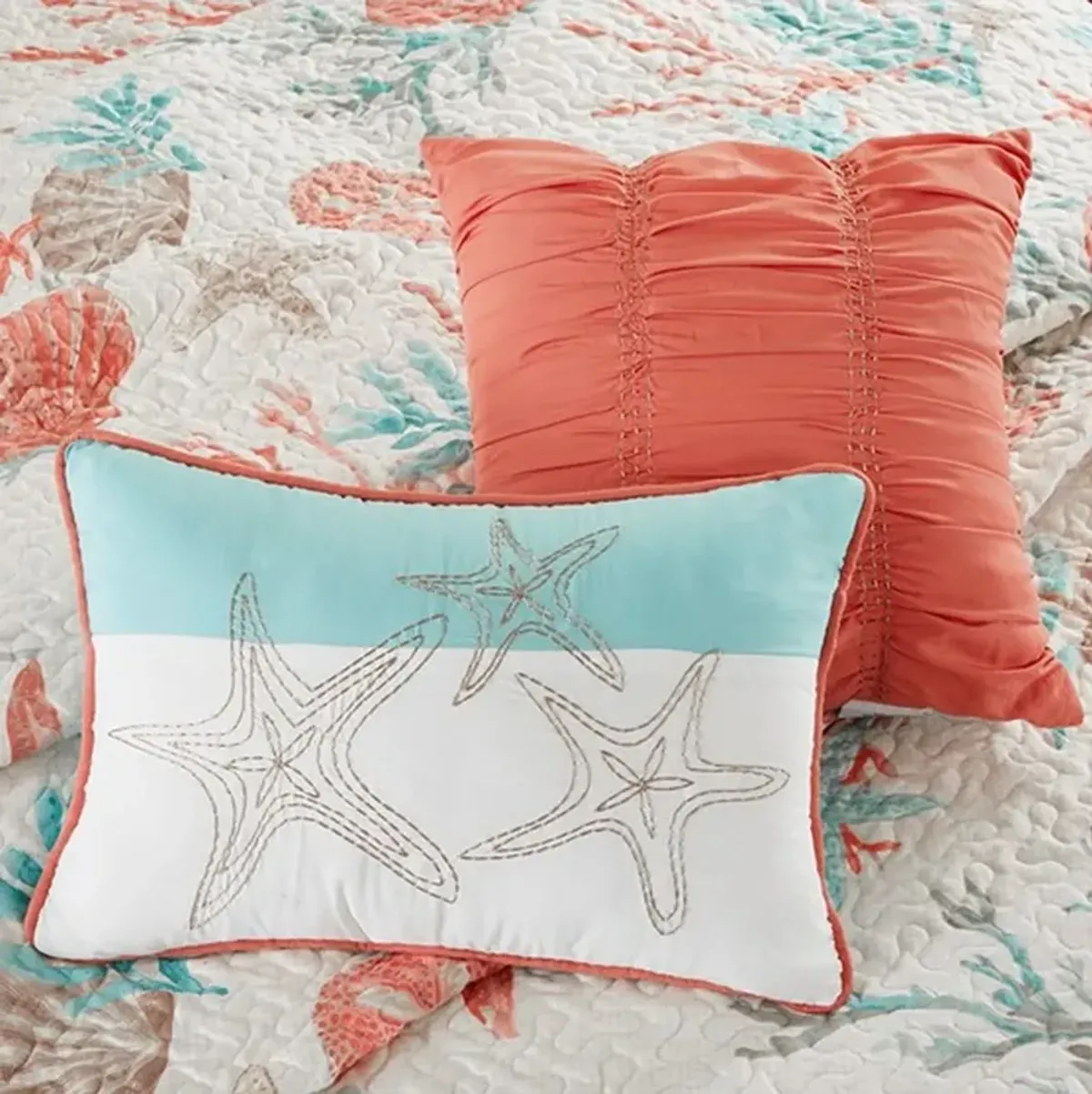 Olliix by Madison Park Coral Full/Queen Pebble Beach 6 Piece Cotton Sateen Reversible Coverlet Set