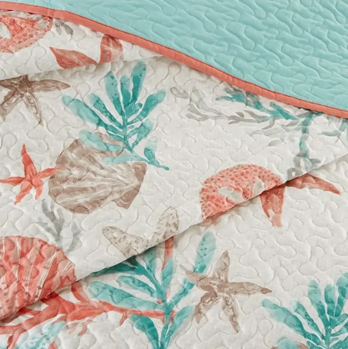 Olliix by Madison Park Coral Full/Queen Pebble Beach 6 Piece Cotton Sateen Reversible Coverlet Set