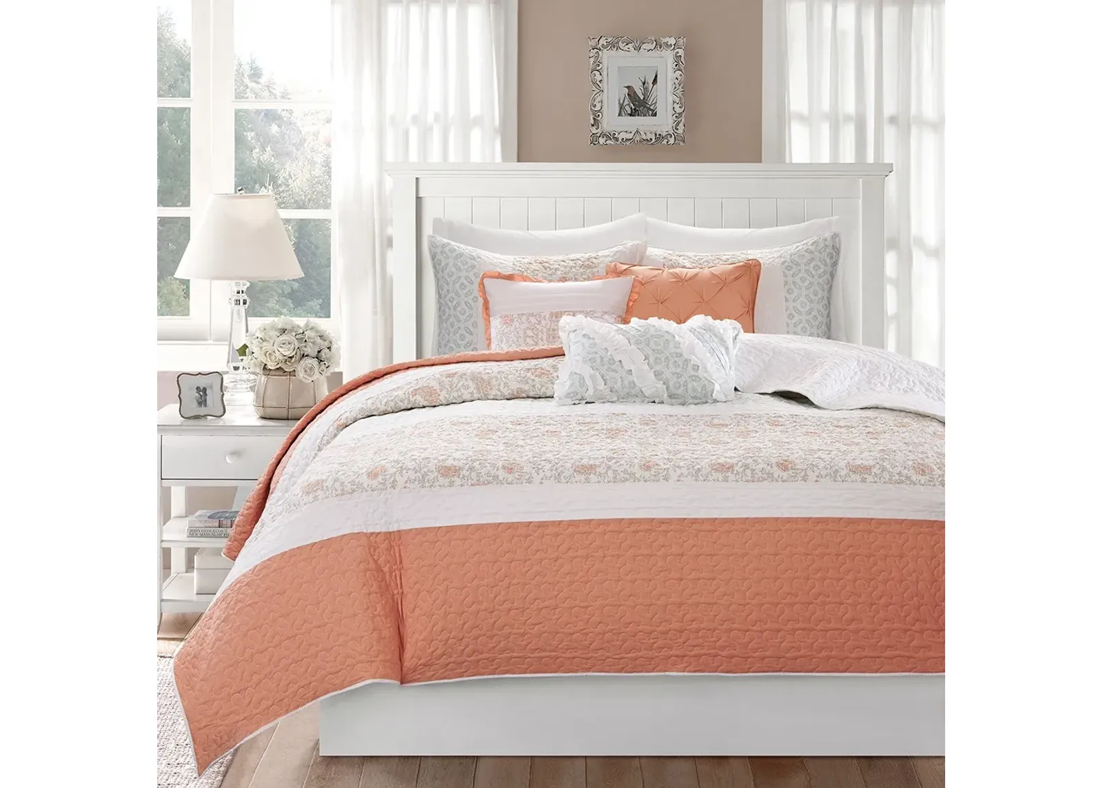 Olliix by Madison Park 6 Piece Coral Full/Queen Dawn Cotton Percale Reversible Coverlet Set