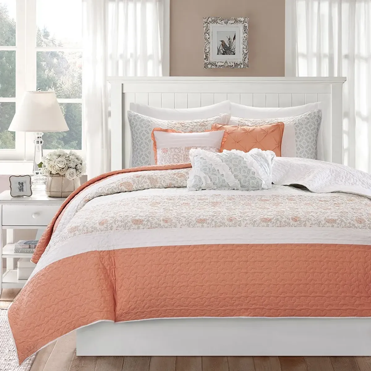 Olliix by Madison Park 6 Piece Coral Full/Queen Dawn Cotton Percale Reversible Coverlet Set