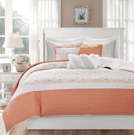 Olliix by Madison Park 6 Piece Coral King/California King Dawn Cotton Percale Reversible Coverlet Set