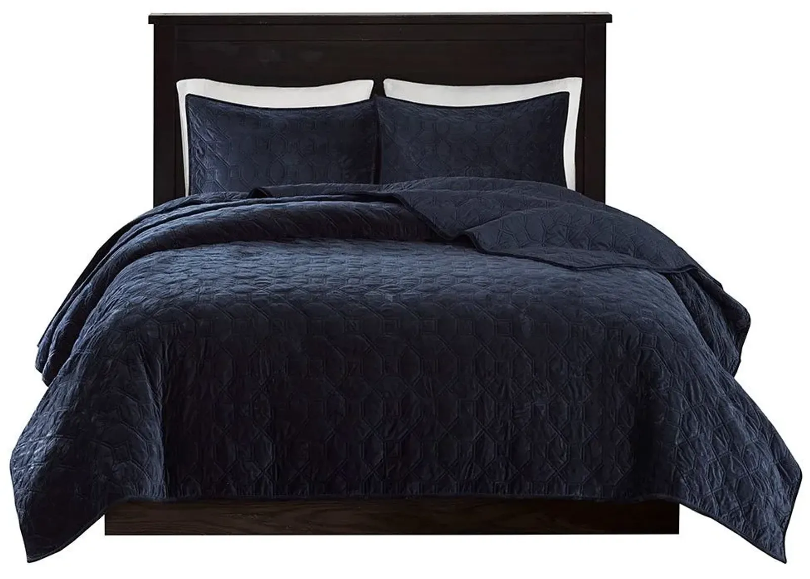 Olliix by Madison Park 3 Piece Navy Full/Queen Harper Faux Velvet Reversible Coverlet Set