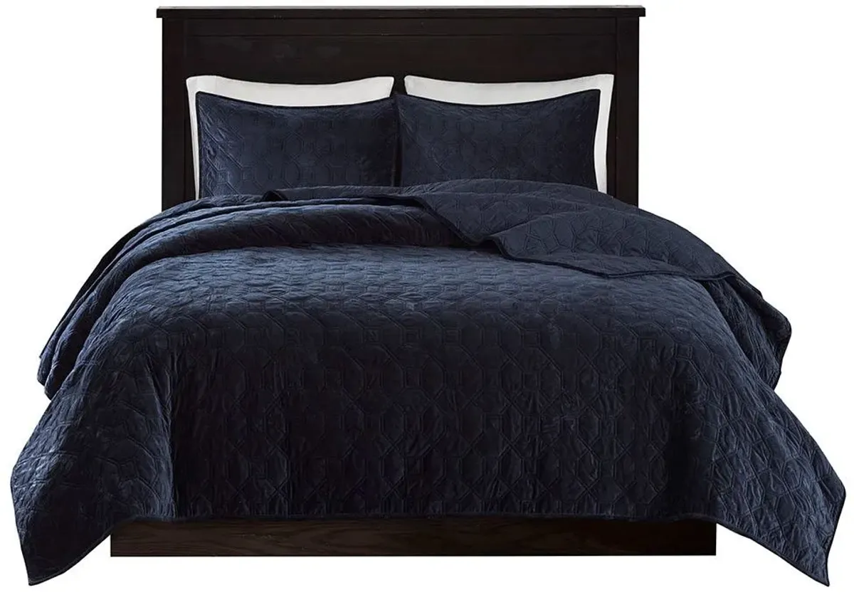 Olliix by Madison Park 3 Piece Navy Full/Queen Harper Faux Velvet Reversible Coverlet Set