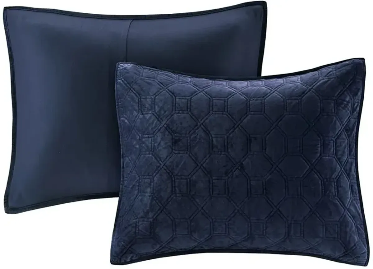 Olliix by Madison Park Harper 3 Piece Navy King/California King Faux Velvet Reversible Coverlet Set
