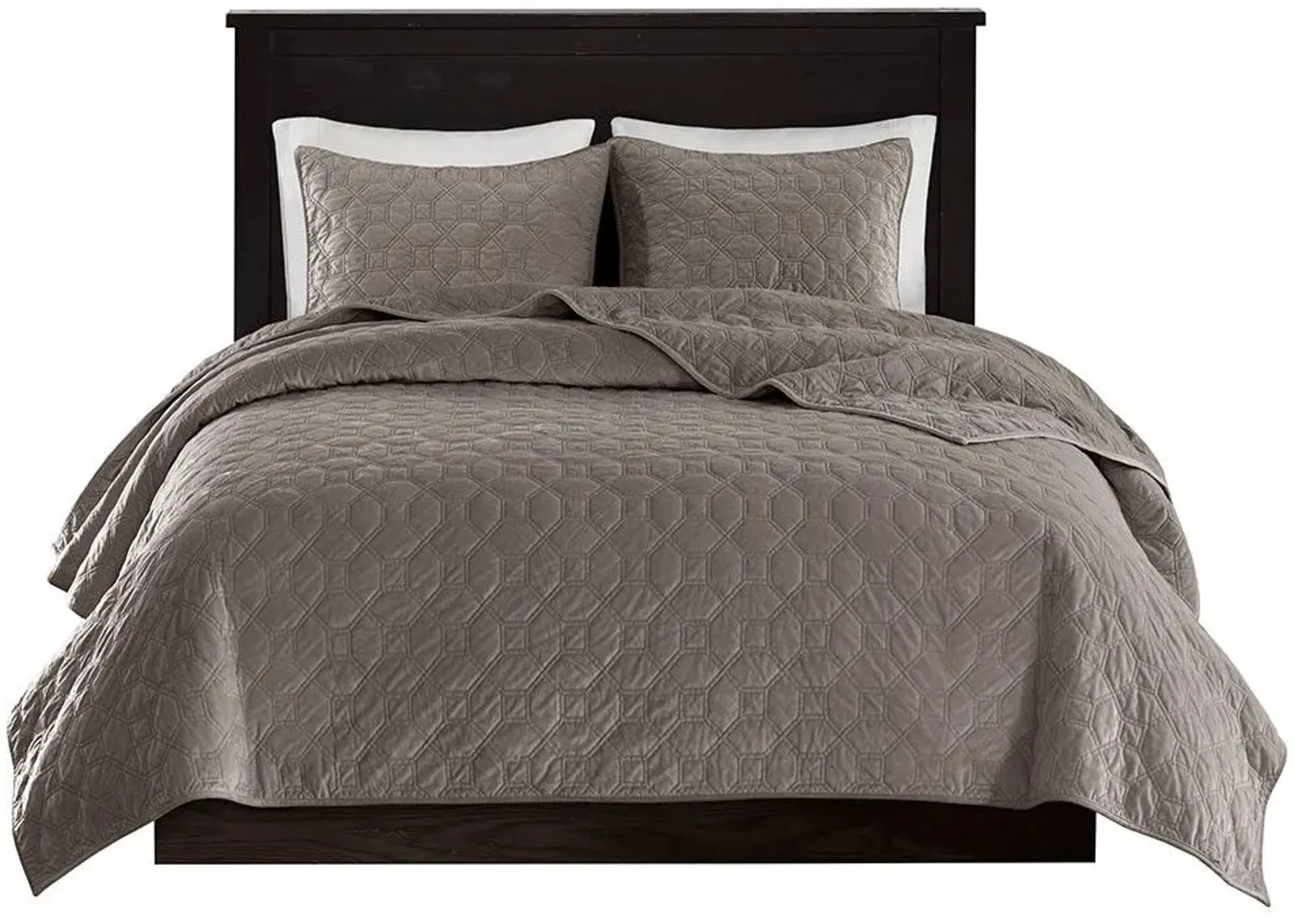 Olliix by Madison Park 3 Piece Taupe Full/Queen Harper Faux Velvet Reversible Coverlet Set