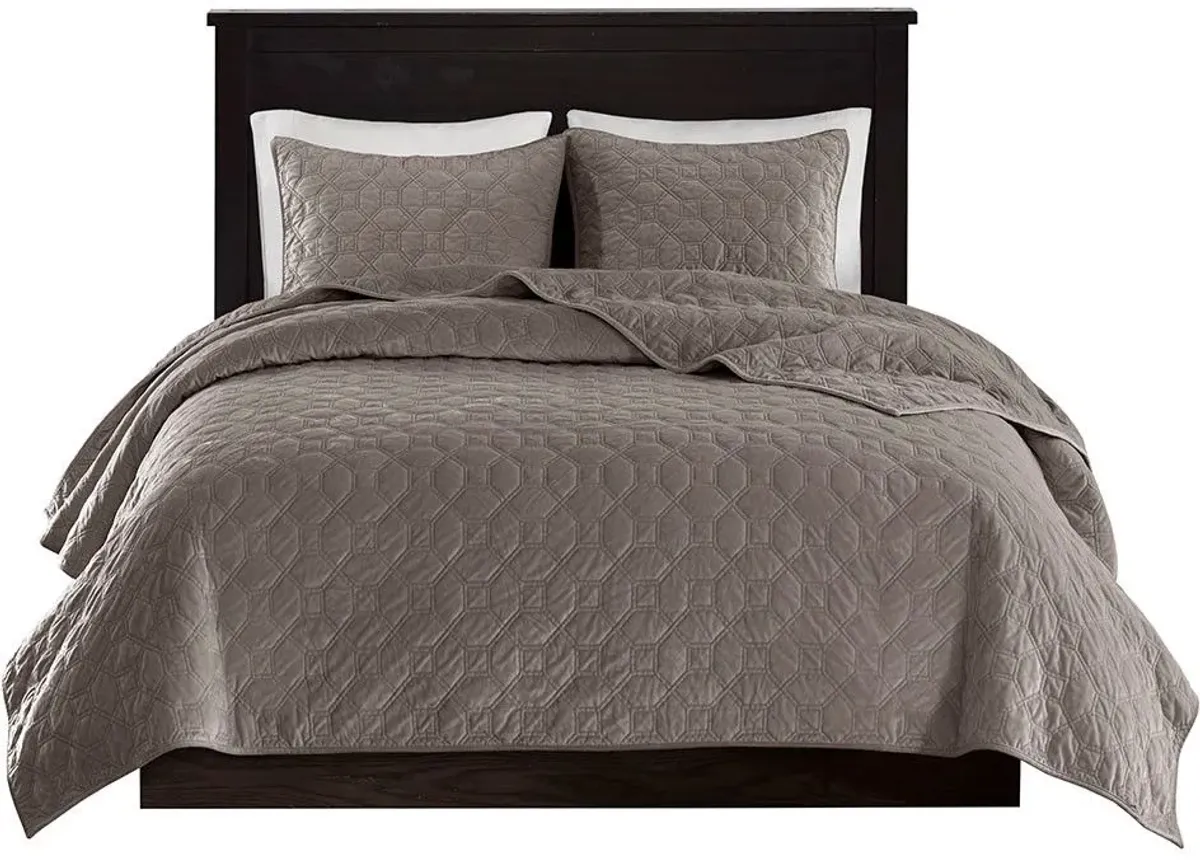 Olliix by Madison Park 3 Piece Taupe Full/Queen Harper Faux Velvet Reversible Coverlet Set