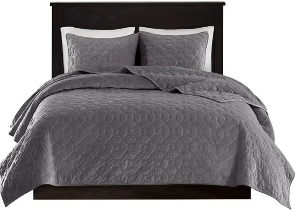 Olliix by Madison Park Harper 3 Piece Grey Full/Queen Faux Velvet Reversible Coverlet Set
