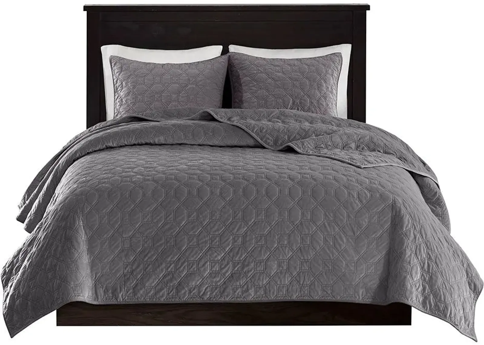 Olliix by Madison Park 3 Piece Grey Full/Queen Harper Faux Velvet Reversible Coverlet Set