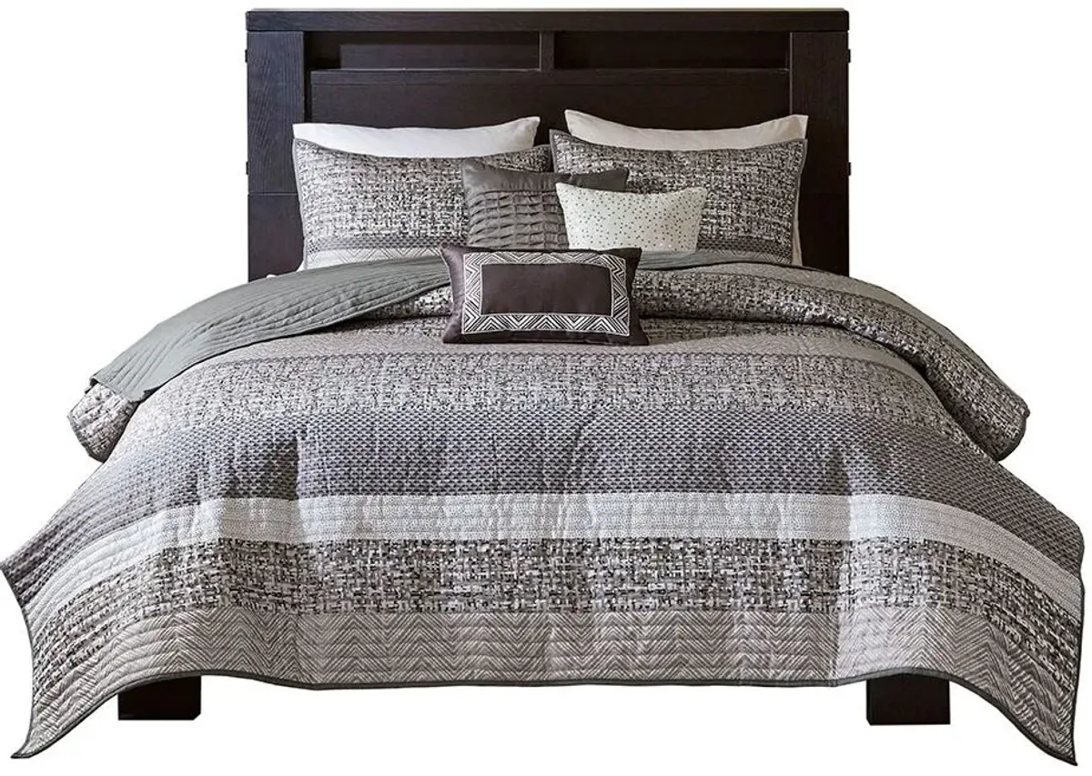 Olliix by Madison Park 6 Piece Grey/Taupe Full/Queen Rhapsody Reversible Jacquard Coverlet Set