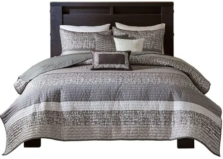Olliix by Madison Park 6 Piece Grey/Taupe Full/Queen Rhapsody Reversible Jacquard Coverlet Set