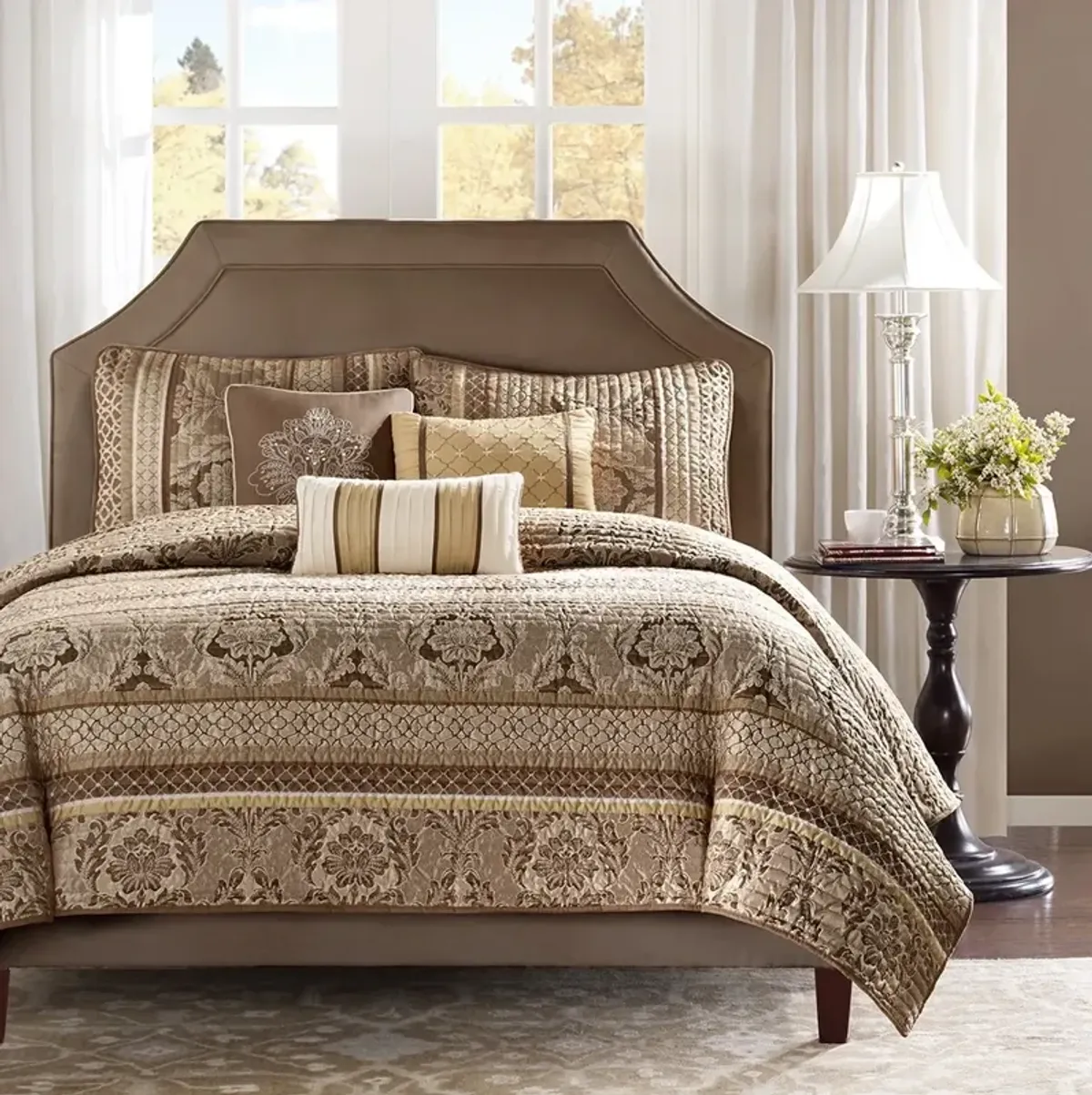 Olliix by Madison Park 6 Piece Brown/Gold Full/Queen Bellagio Reversible Coverlet Set