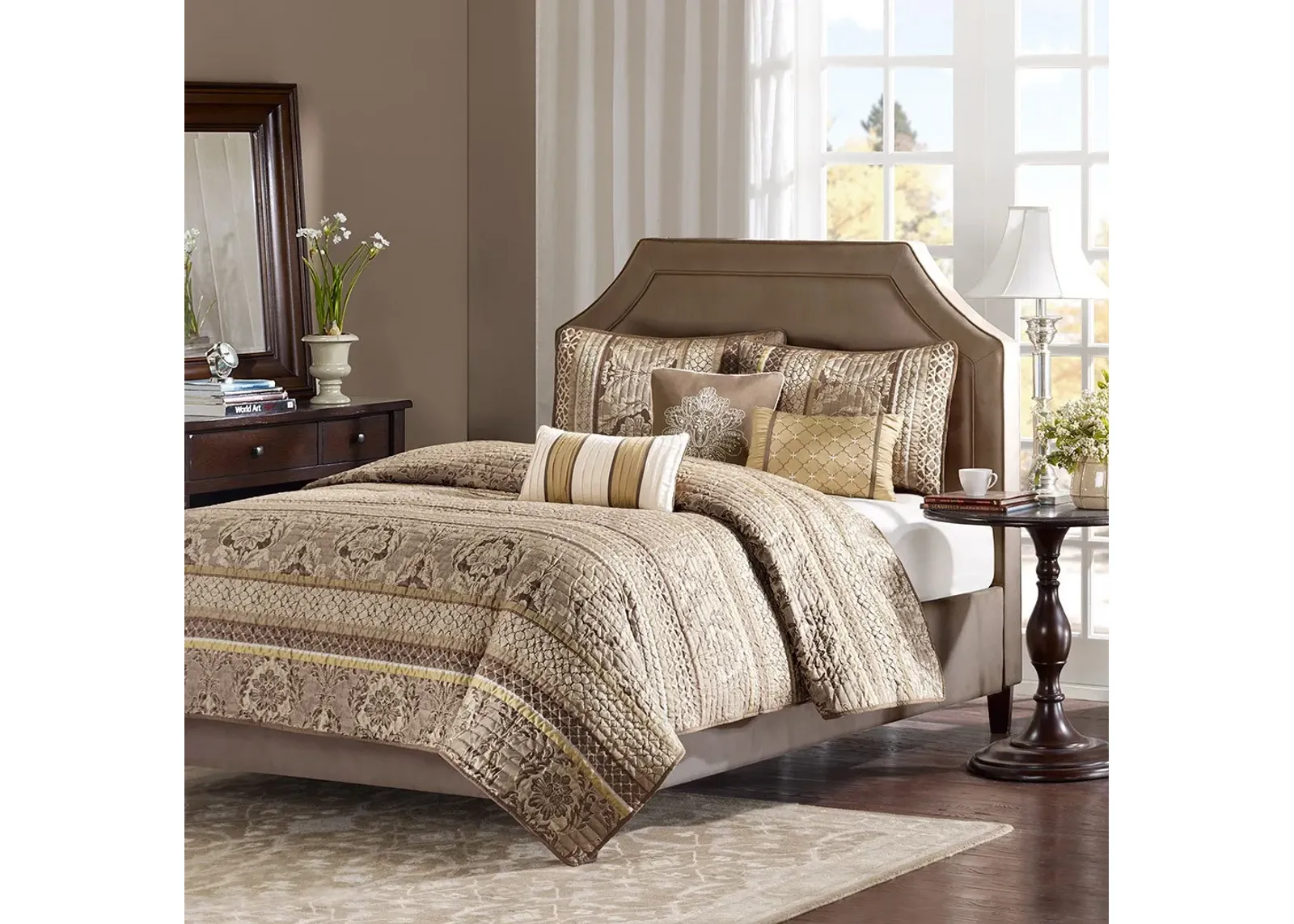 Olliix by Madison Park 6 Piece Brown/Gold Full/Queen Bellagio Reversible Coverlet Set