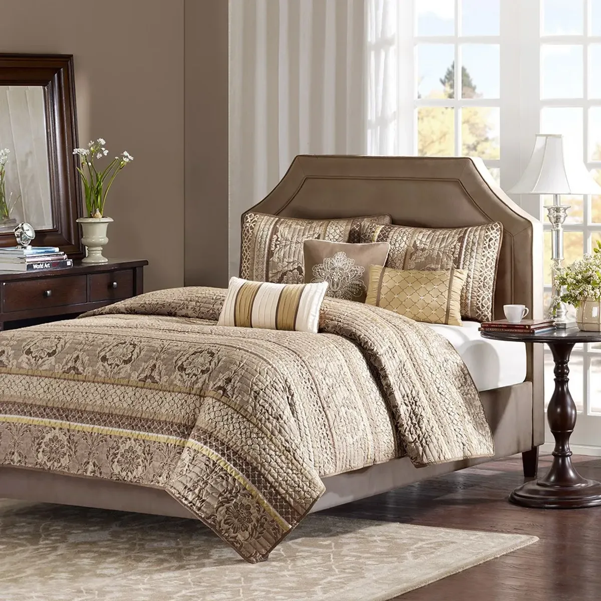 Olliix by Madison Park 6 Piece Brown/Gold Full/Queen Bellagio Reversible Coverlet Set