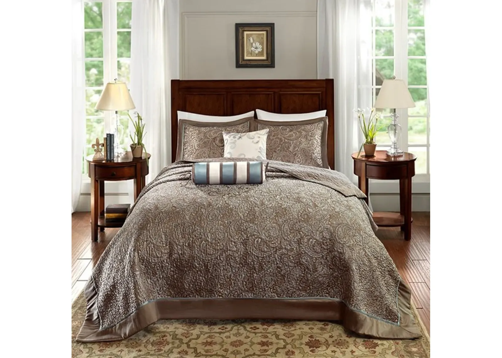 Olliix by Madison Park Blue Queen Aubrey 5 Piece Reversible Jacquard Bedspread Set