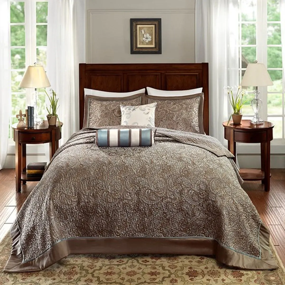 Olliix by Madison Park Blue Queen Aubrey 5 Piece Reversible Jacquard Bedspread Set