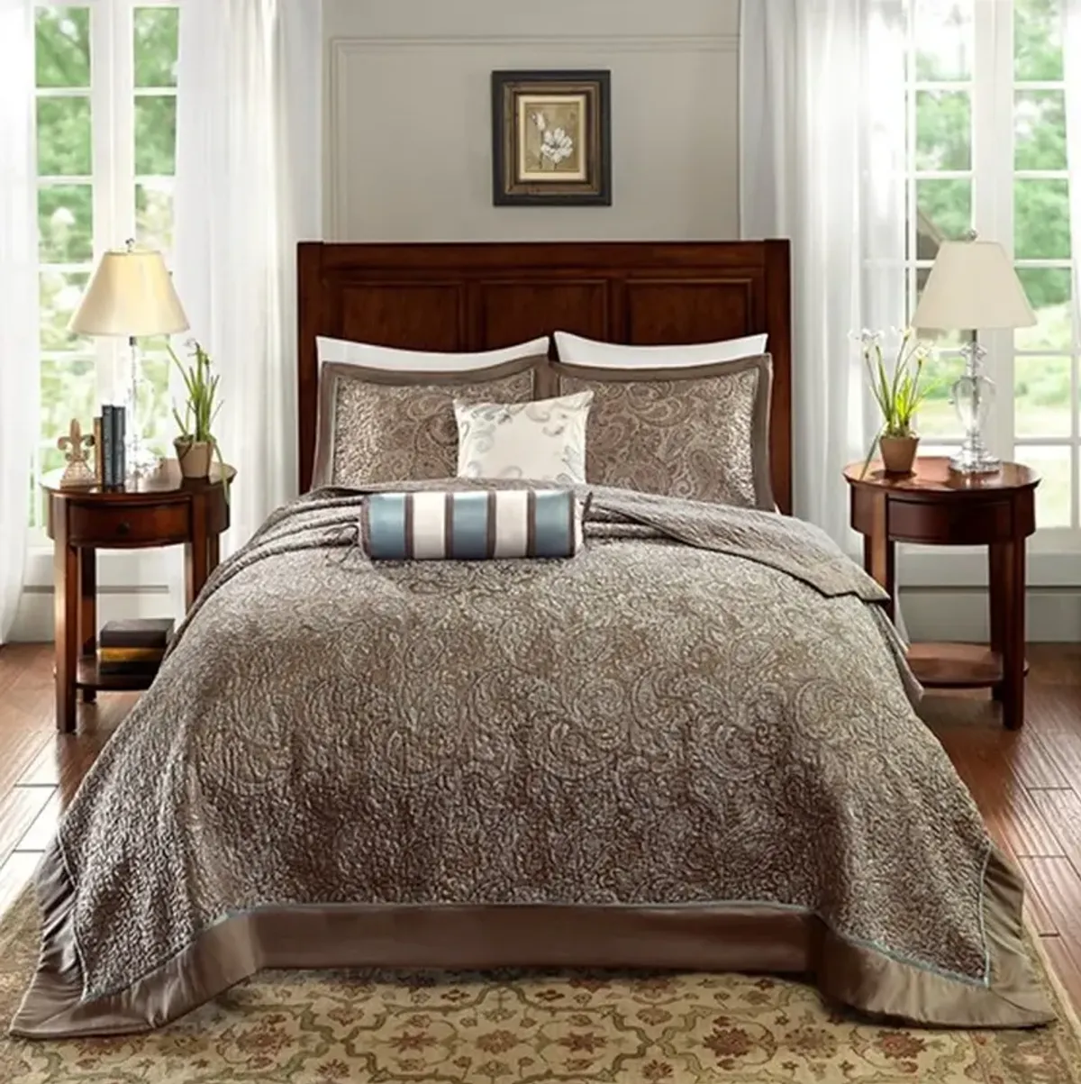 Olliix by Madison Park Blue Queen Aubrey 5 Piece Reversible Jacquard Bedspread Set