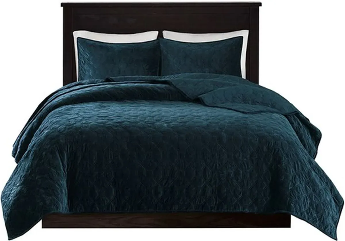 Olliix by Madison Park Teal Full/Queen Harper Faux Velvet Reversible 3 Piece Coverlet Set