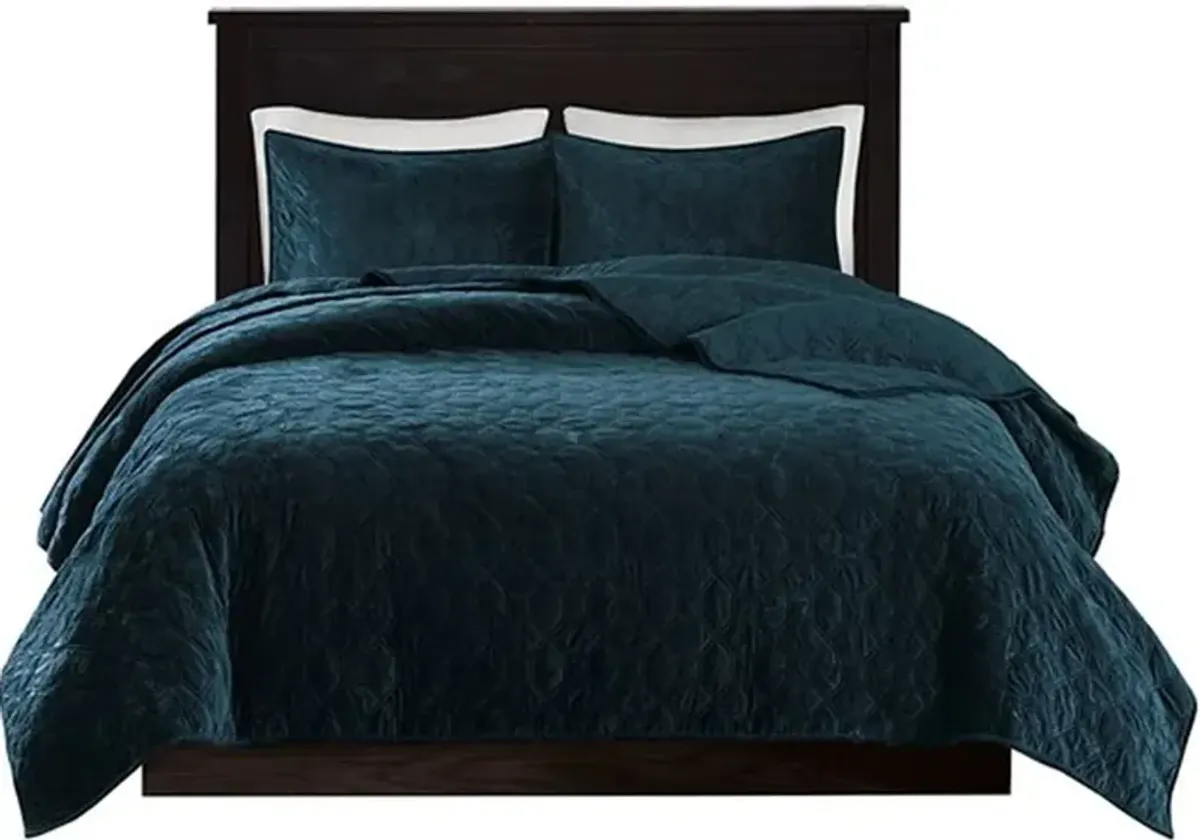 Olliix by Madison Park Teal Full/Queen Harper Faux Velvet Reversible 3 Piece Coverlet Set