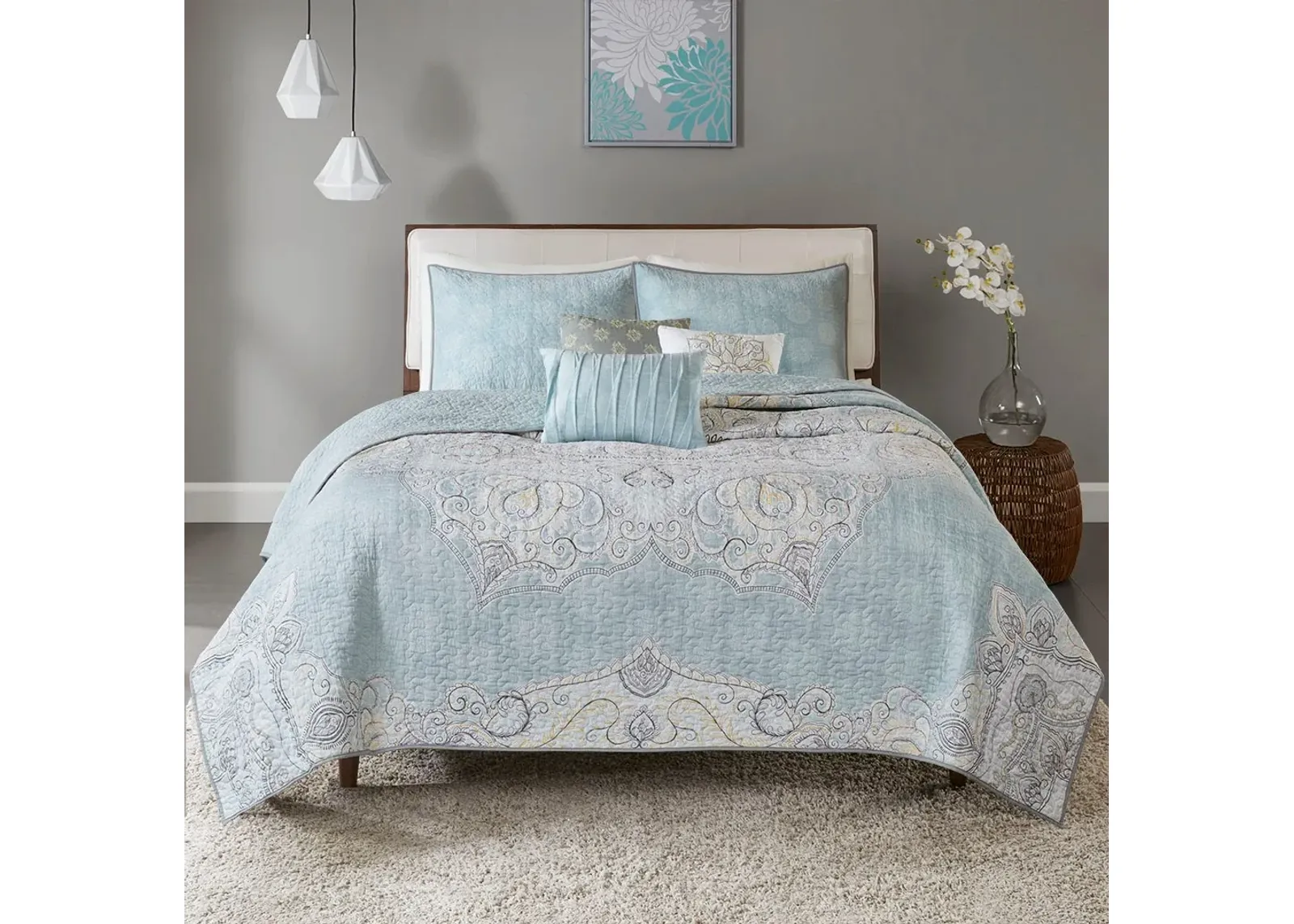 Olliix by Madison Park Lucinda 6 Piece Seafoam King/California King Reversible Cotton Sateen Coverlet Set