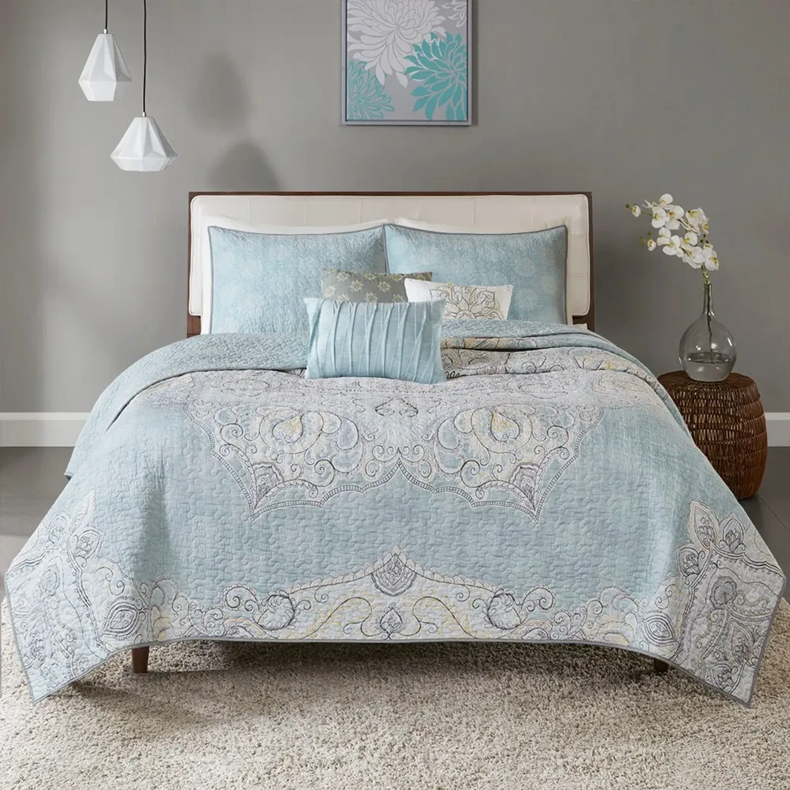 Olliix by Madison Park Lucinda 6 Piece Seafoam King/California King Reversible Cotton Sateen Coverlet Set