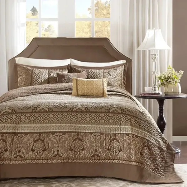Olliix by Madison Park Brown/Gold Queen Bellagio 5 Piece Reversible Jacquard Bedspread Set