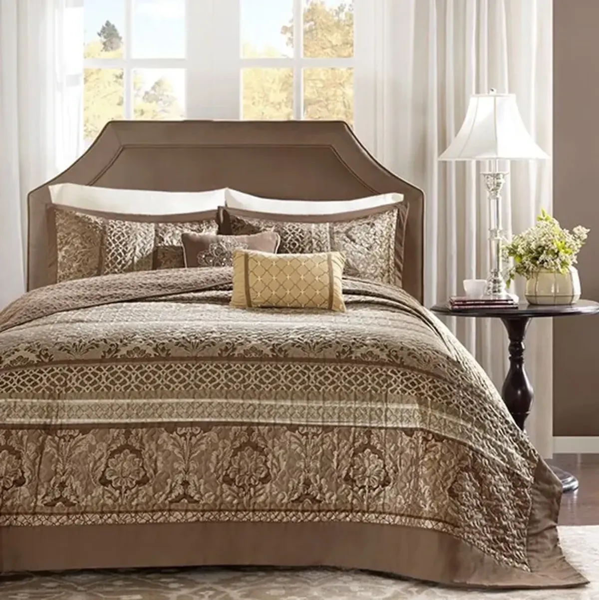 Olliix by Madison Park Brown/Gold King Bellagio 5 Piece Reversible Jacquard Bedspread Set