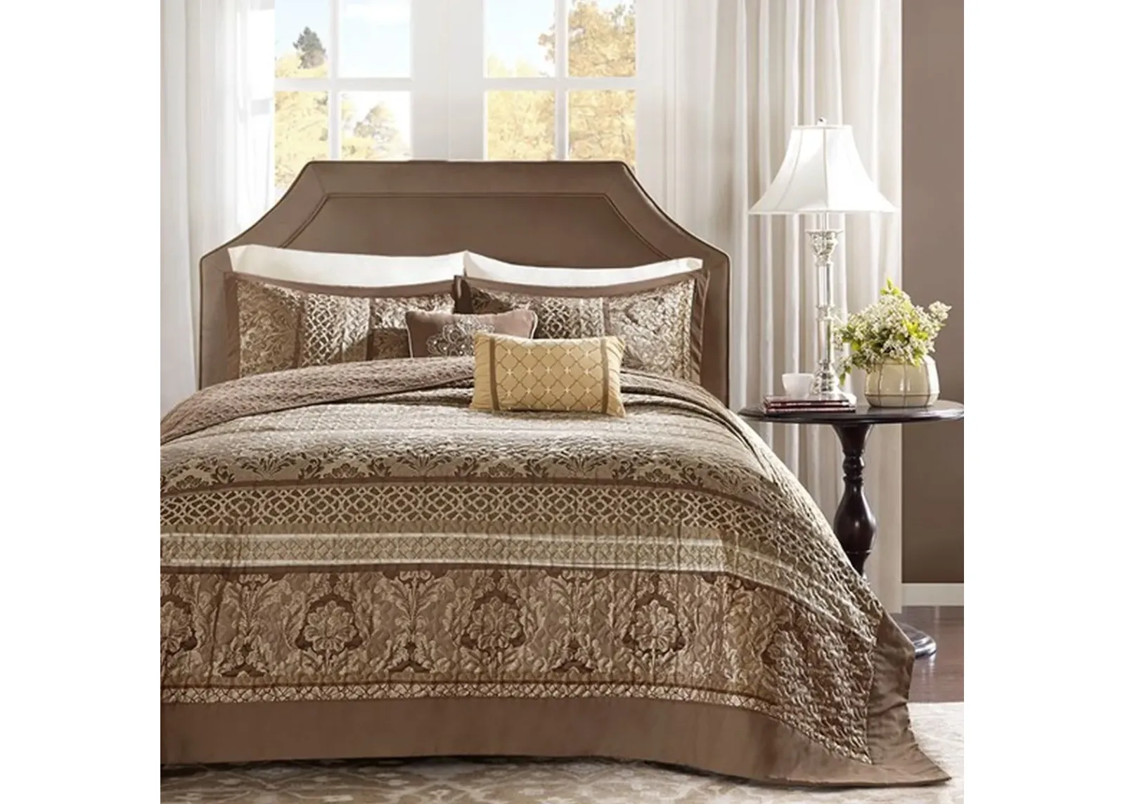 Olliix by Madison Park Brown/Gold King Bellagio 5 Piece Reversible Jacquard Bedspread Set