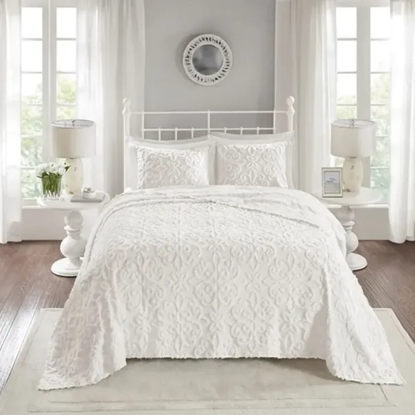 Olliix by Madison Park White Full/Queen Sabrina 3 Piece Tufted Cotton Chenille Bedspread Set