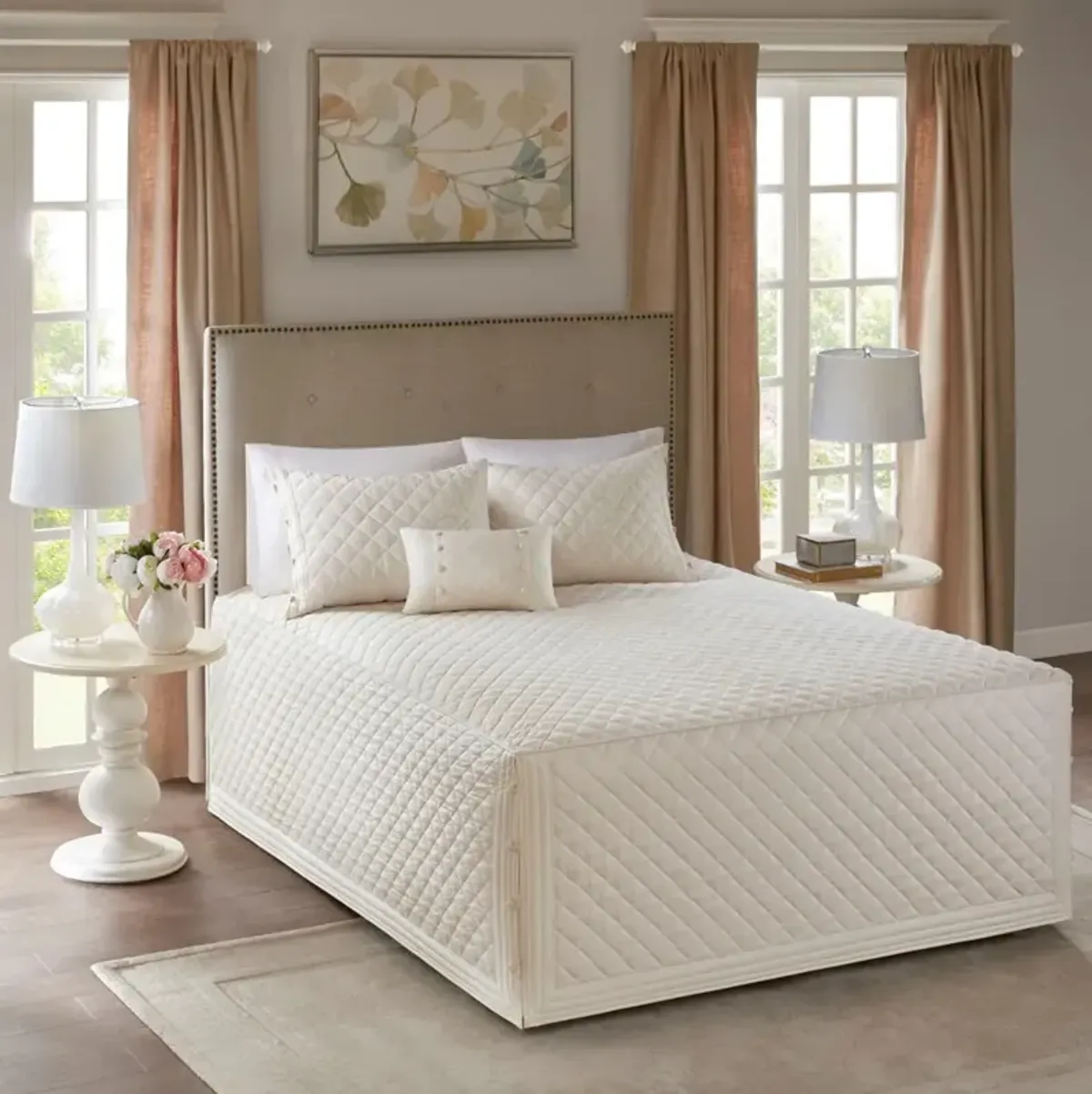 Olliix by Madison Park 4 Piece Ivory Full/Queen Breanna Cotton Reversible Tailored Bedspread Set