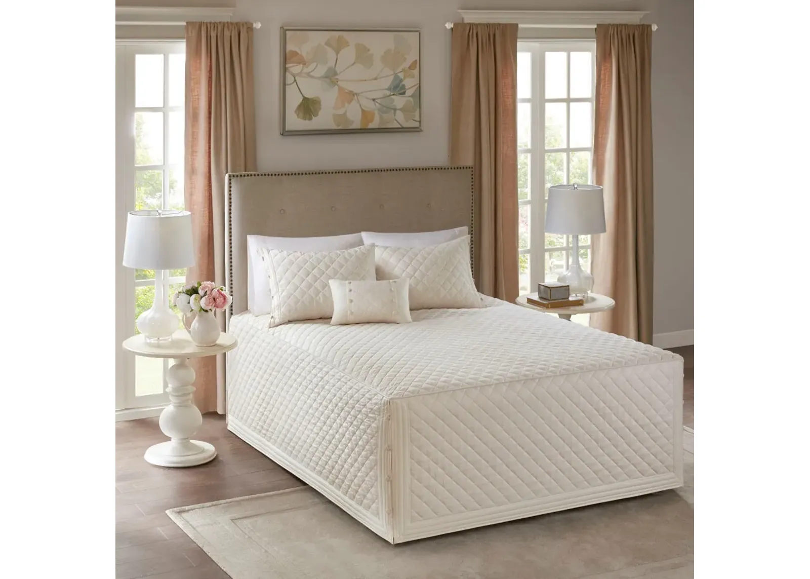 Olliix by Madison Park 4 Piece Ivory Full/Queen Breanna Cotton Reversible Tailored Bedspread Set