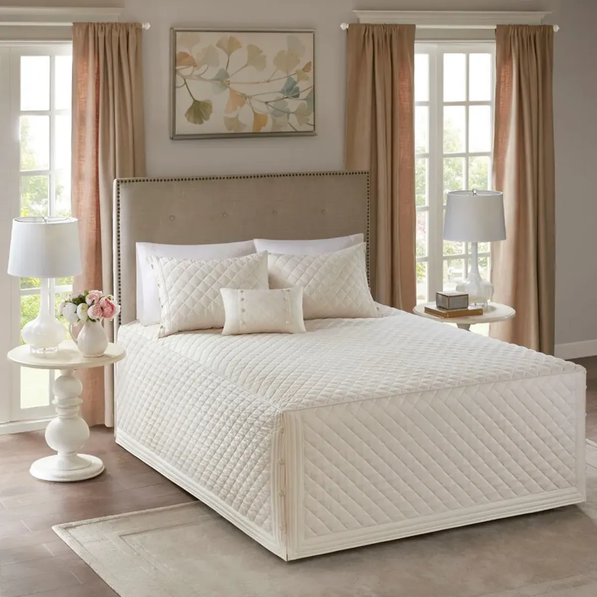 Olliix by Madison Park 4 Piece Ivory Full/Queen Breanna Cotton Reversible Tailored Bedspread Set